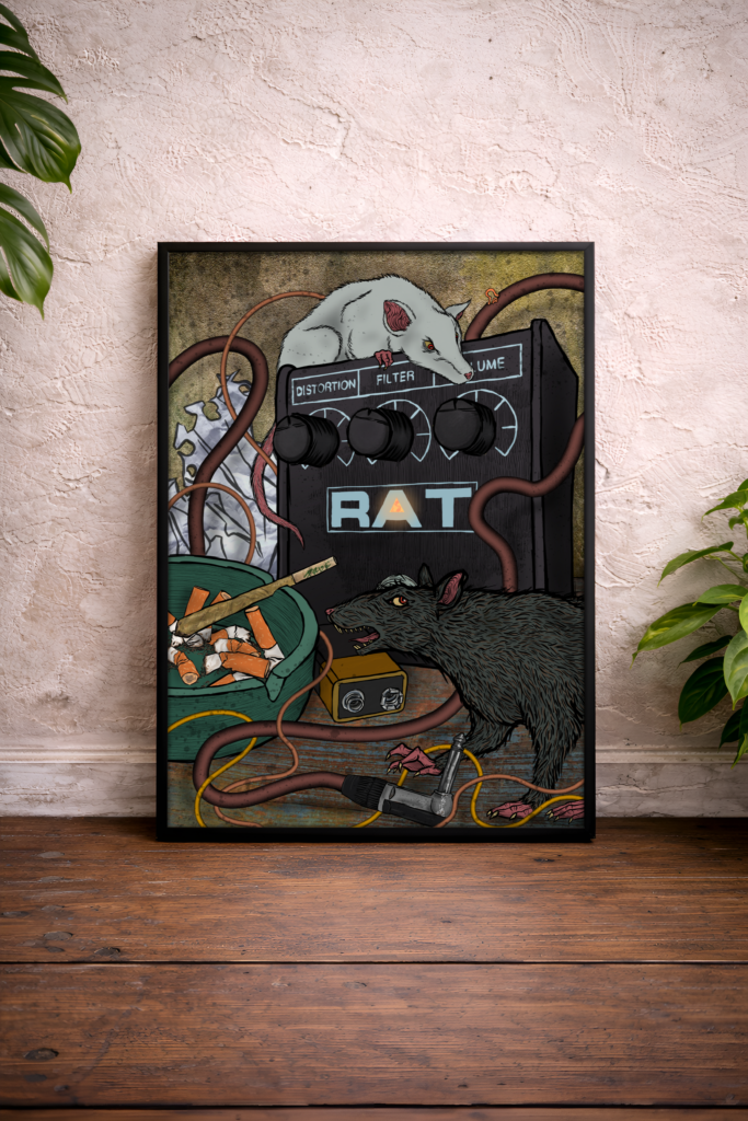 Gerahmter Kunstdruck mit Ratten, Kabeln und einem ProCo RAT Distortion-Pedal im düsteren Alternative- und Grunge-Stil