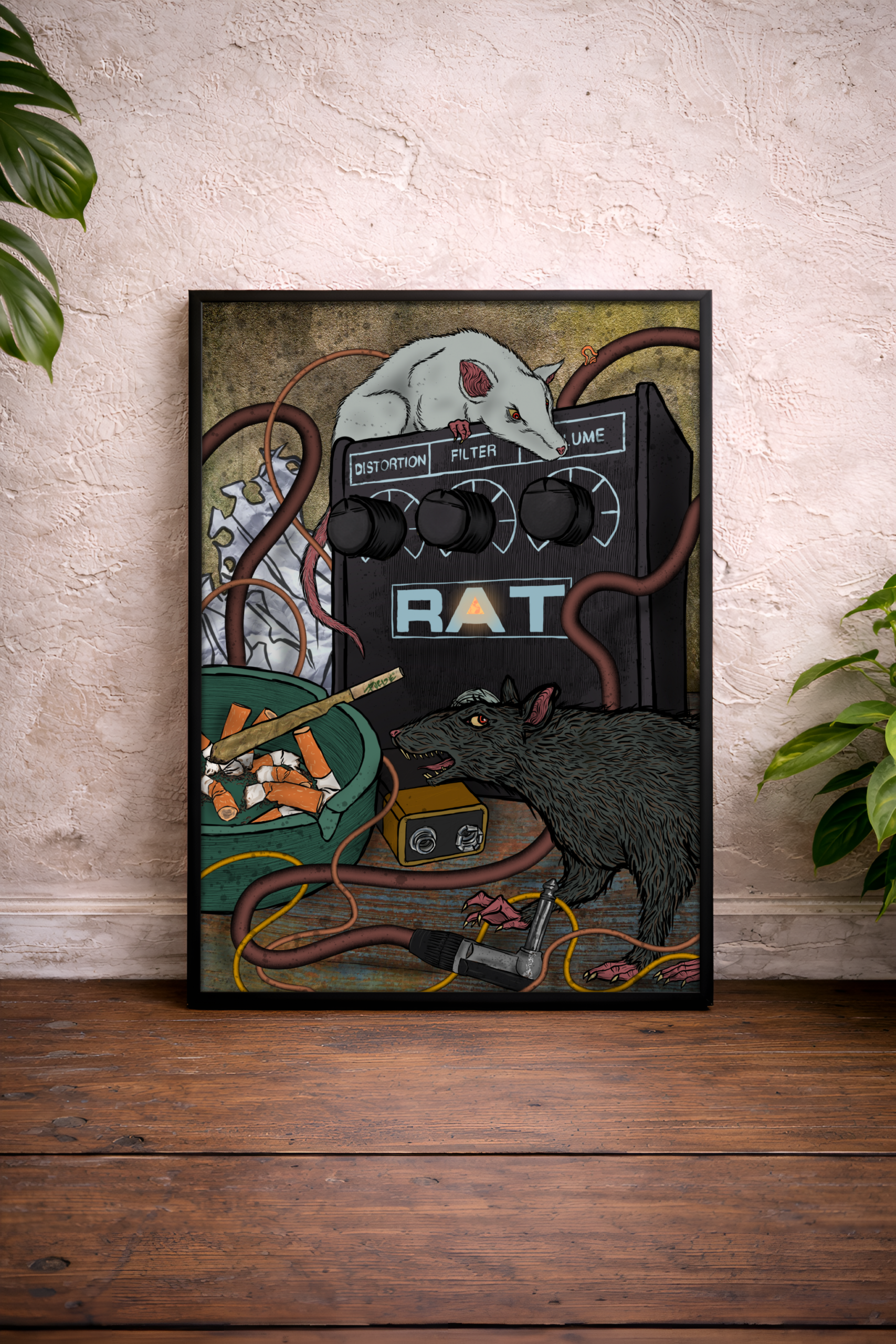 Gerahmter Kunstdruck mit Ratten, Kabeln und einem ProCo RAT Distortion-Pedal im düsteren Alternative- und Grunge-Stil