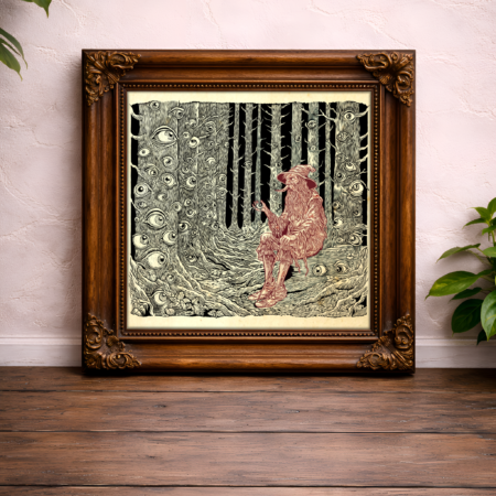 Gerahmter surrealer Kunstdruck eines Waldes voller Augen mit roter tierähnlicher Figur im düsteren Vintage-Stil auf Holzfußboden