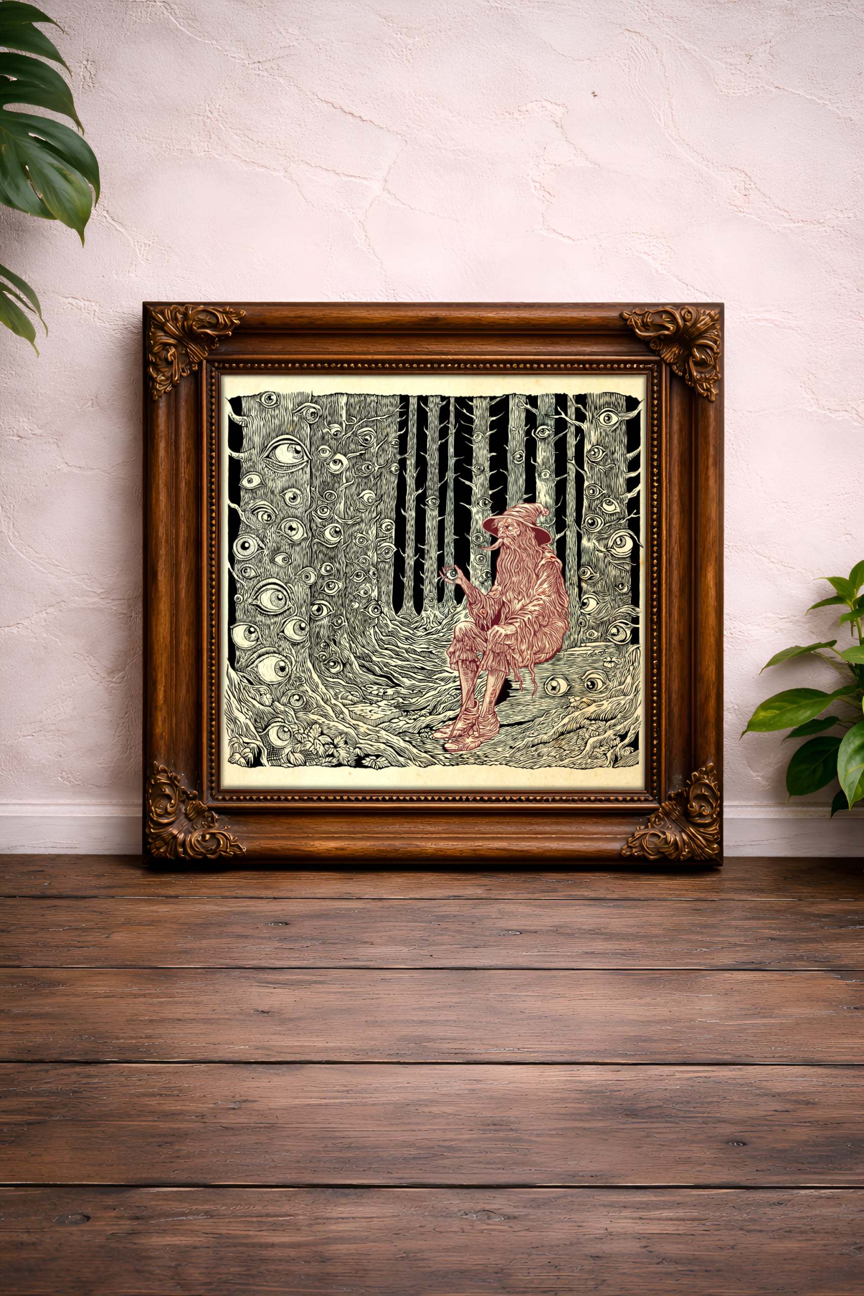 Gerahmter surrealer Kunstdruck eines Waldes voller Augen mit roter tierähnlicher Figur im düsteren Vintage-Stil auf Holzfußboden