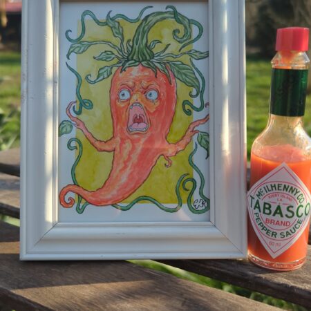 Gerahmte Illustration einer schreienden Chili mit Ranken neben einer Tabascoflasche im surrealen Aquarellstil