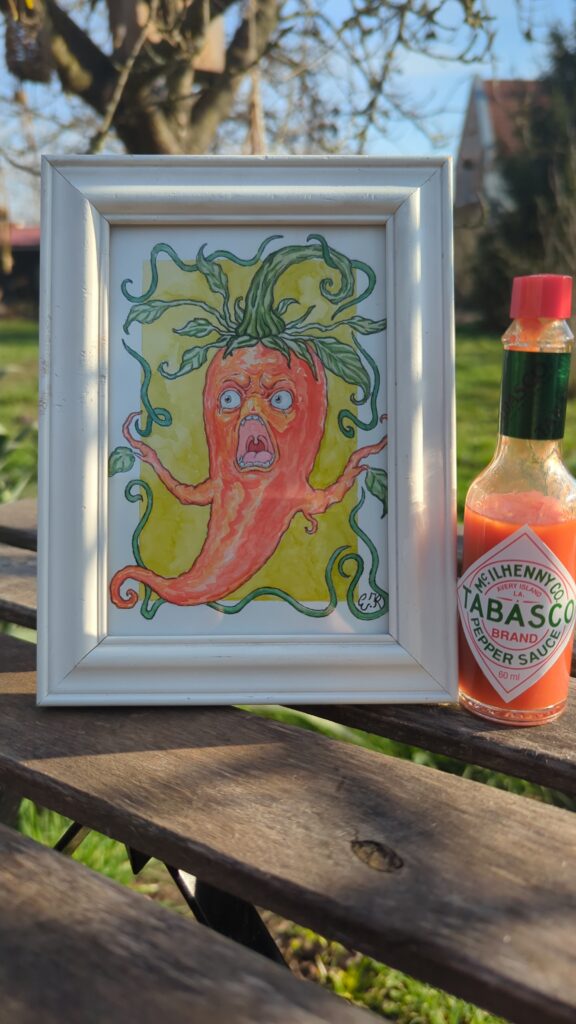 Gerahmte Illustration einer schreienden Chili mit Ranken neben einer Tabascoflasche im surrealen Aquarellstil