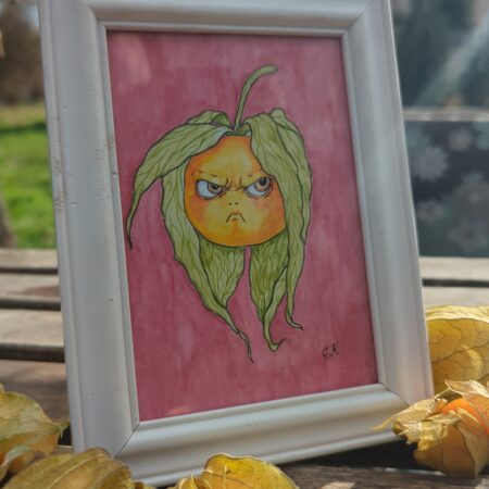 Gerahmte Illustration einer wütenden Physalis auf rosa Hintergrund mit echten Lampionblumen im natürlichen Sonnenlicht