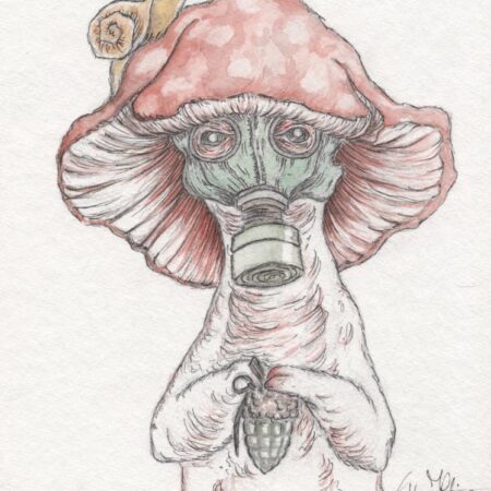 Surreale Pilzfigur mit Gasmaske und Schnecke im düsteren Fantasy- und Postapokalypse-Stil