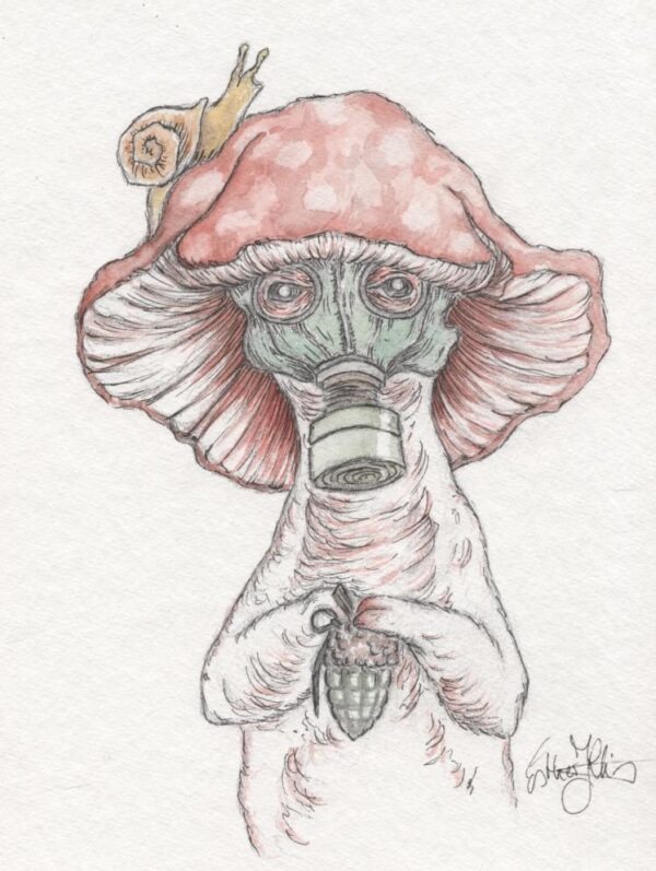 Surreale Pilzfigur mit Gasmaske und Schnecke im düsteren Fantasy- und Postapokalypse-Stil