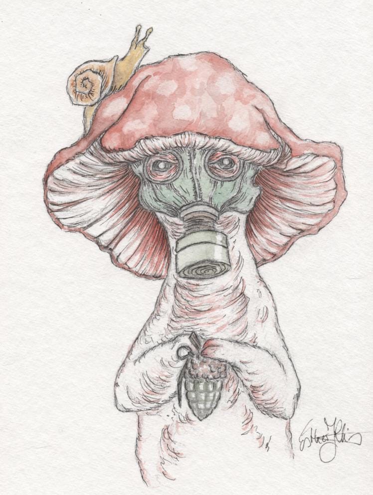 Surreale Pilzfigur mit Gasmaske und Schnecke im düsteren Fantasy- und Postapokalypse-Stil